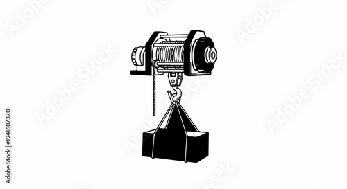 A black and white illustration of a winch with a hook lifting a rectangular load