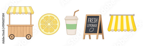 Lemonade stand elements collection vector illustration set featuring a cart, lemon slice, drink cup, and chalkboard sign for summer business.