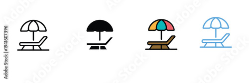 Beach Umbrella and Deck Chair Icon for Summer Vacations, Tourism, and Travel. Symbol Vector Illustration.