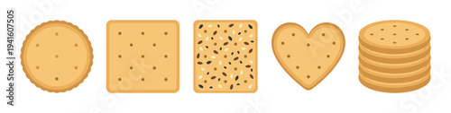 Different types of savory crackers and biscuits in various shapes including round, rectangular, and heart-shaped, presented as a delicious collection.