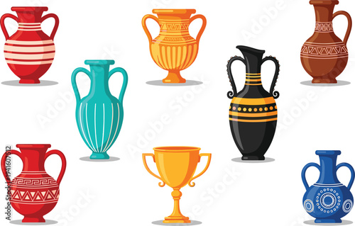 Ancient Greek Ceramic Vase Collection Vector Illustration Featuring Decorative Amphora Jugs and Classic Pottery Designs