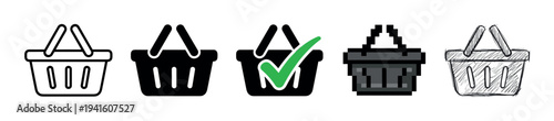 Shopping basket icons in various styles representing online commerce and digital purchasing concepts for web design and mobile applications.