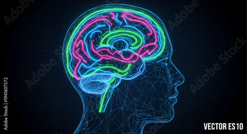 Colorful Neon Brain Illustration in Profile View.