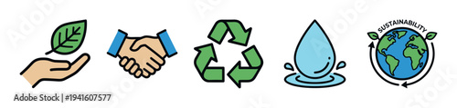 Environmental sustainability icons representing nature, partnership, recycling, water, and global responsibility for a greener future.