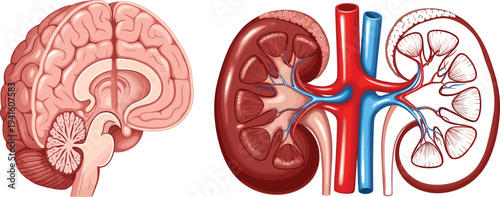 Human Brain and Kidney Anatomy Vector Illustration Featuring Detailed Internal Organs Medical Educational Diagram