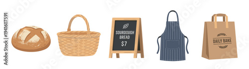 Bakery items and tools for fresh bread production, including a sourdough loaf, wicker basket, chalkboard sign, apron, and paper bag.