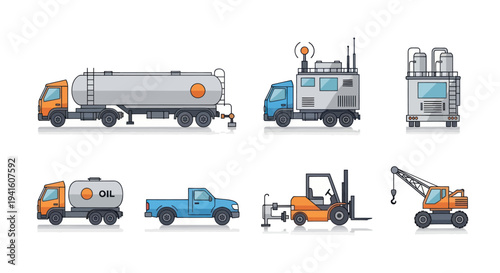 A collection of illustrated industrial and commercial vehicles including trucks a forklift and a mobile crane.