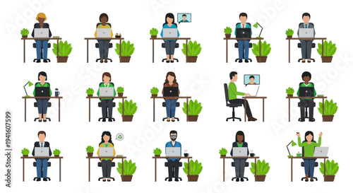 Diverse group of people working on laptops at desks with plants.