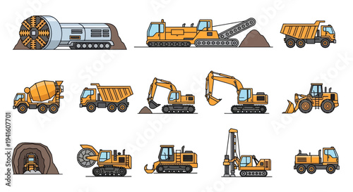 Collection of Various Construction Vehicles in Cartoon Style.