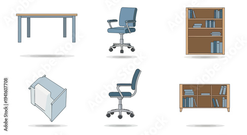 A collection of illustrated office furniture including a desk blue swivel chair and wooden bookcases.