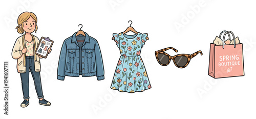 Fashion stylist woman planning spring outfits with a denim jacket, floral dress, and accessories for a boutique shopping experience.