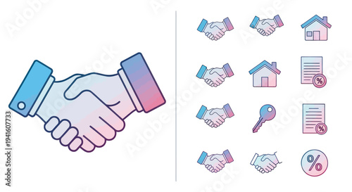 Gradient line icons set featuring handshake house key and document symbols for business real estate and agreement concepts.