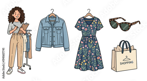 Stylish woman and various fashion items are beautifully illustrated, featuring a denim jacket, floral dress, sunglasses, and a shopping bag.