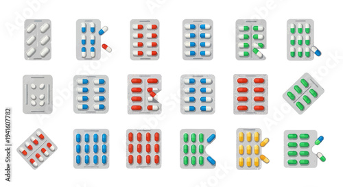 Assorted Colorful Pill Blister Packs Displayed on White Background.