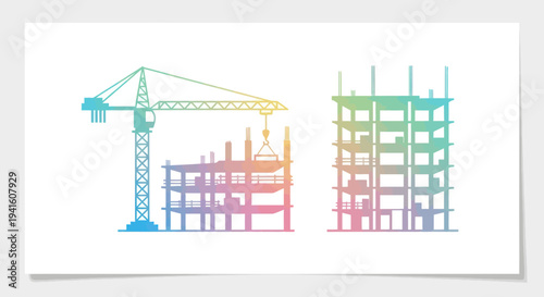 Colorful Construction Site with Crane and Building Framework.