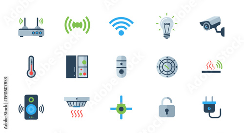 Smart Home Automation Icons: Wireless Router Thermostat Security Camera and More.