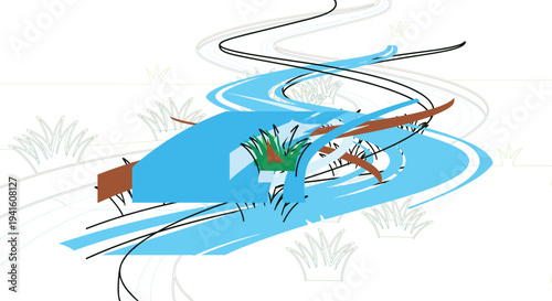 Abstract Blue Scribble Lines and Dynamic Brush Strokes Vector Illustration with Grass Elements Creative Artistic Background