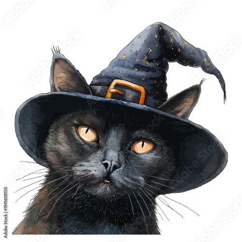 Black cat watercolor illustration wearing a witch hat with stars