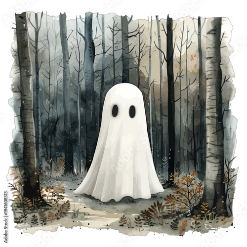 Cute Sheet Ghost Standing in Spooky Autumn Forest, Watercolor Halloween Clipart with Birch Trees and Fallen Leaves, Isolated on White Background