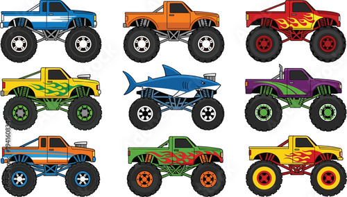 Colorful Monster Truck Collection Vector Illustration Featuring Off Road Big Wheel Trucks with Flame and Shark Designs