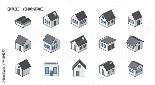 A collection of simple isometric house icons with editable vector strokes representing residential buildings.