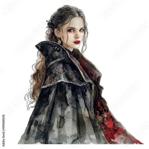 Gothic vampire woman watercolor illustration in black and red cloak