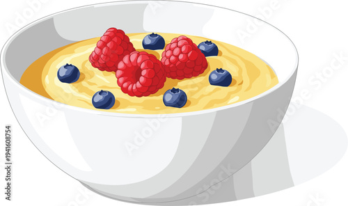 Healthy Breakfast Porridge Bowl Vector Illustration with Oatmeal Topped with Fresh Raspberries and Blueberries