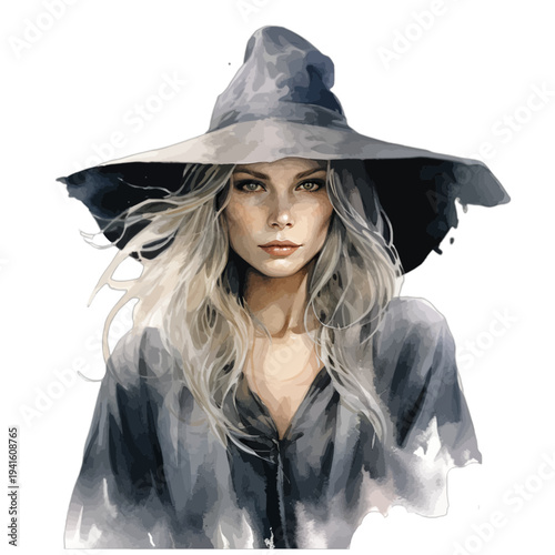 Beautiful Young Witch with Long Silver Hair Wearing a Wide-Brimmed Hat, Gothic Fantasy Watercolor Portrait, Isolated on White Background
