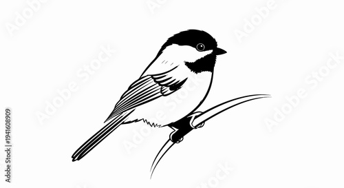 A black and white line drawing of a chickadee perched on a thin branch