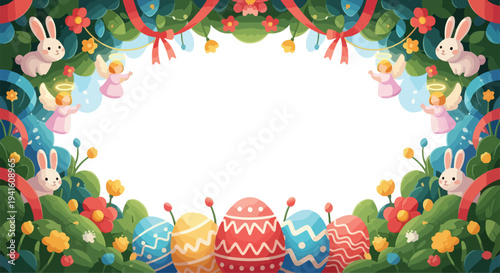Easter egg frame with floral border and spring landscape background.