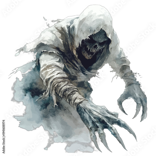 Terrifying Hooded Wraith with Sharp Claws, Dark Fantasy Undead Ghoul Character Illustration