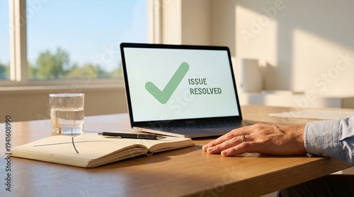 Businessman hand on desk with laptop displaying issue resolved notification