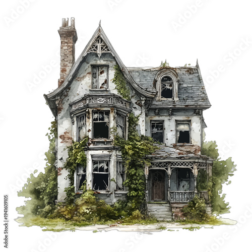 Abandoned Haunted Victorian House Watercolor Clipart for Halloween