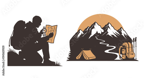 Hiker navigating a map with mountains illustration adventure travel theme