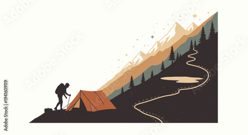 Hiker near tent with mountains and winding path illustration on white background