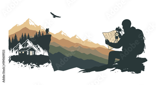 Hiker navigating landscape with map silhouette illustration vector design