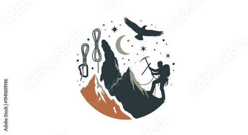 Hiker observes sunrise above mountains and camp vector illustration outdoor activity