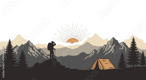 Hiker observes sunrise over mountain range with tent and pine trees