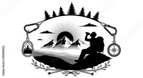 Hiker observes scenic landscape silhouette illustration for outdoor adventure