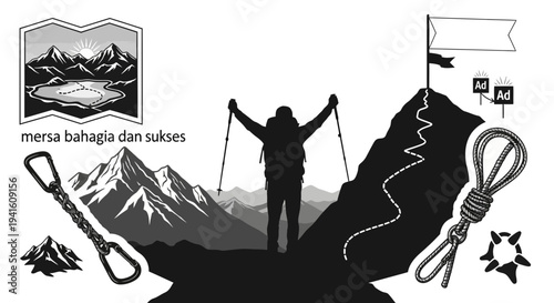 Hiker on mountain peak reaching flag symbolizing success and achievement
