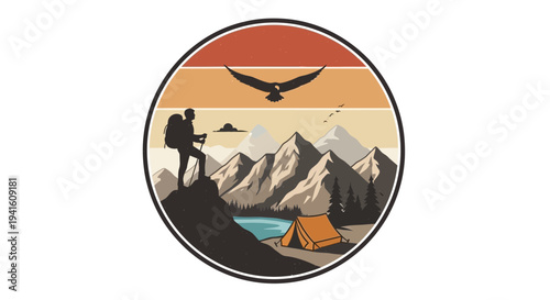 Hiker overlooking mountain range with eagle sunset and camping tent design