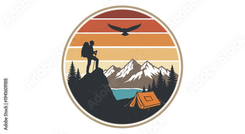Hiker on mountain peak silhouette with eagle and tent against sunset
