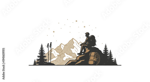 Hiker on mountain peak silhouette vector illustration for adventure design