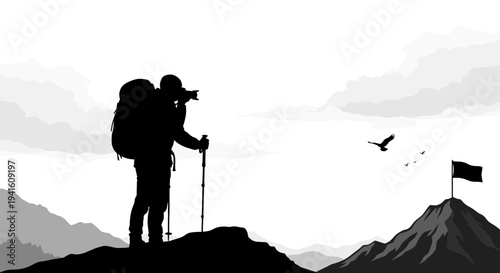 Hiker photographing mountain peak silhouette against sky background