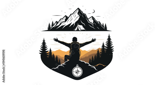 Hiker reaching arms out on mountain with compass and landscape illustration