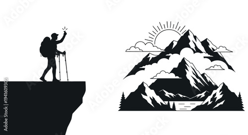 Hiker reaching summit silhouetted against mountains and sun illustration