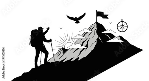 Hiker reaching summit silhouetted against rising sun illustration