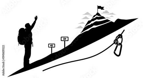 Hiker reaching summit silhouetted against white background achieving success