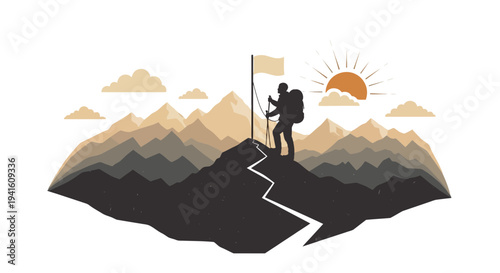Hiker reaching summit with flag under sunlight illustration