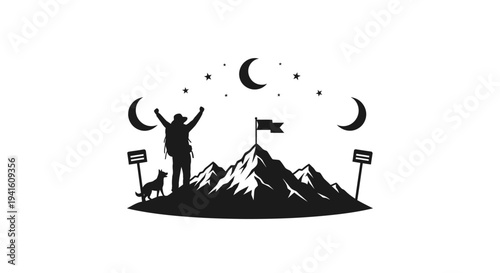 Hiker reaching summit with dog silhouette under stars and moon vector